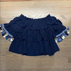 Navy off the shoulder ruffled top with tassels 💙